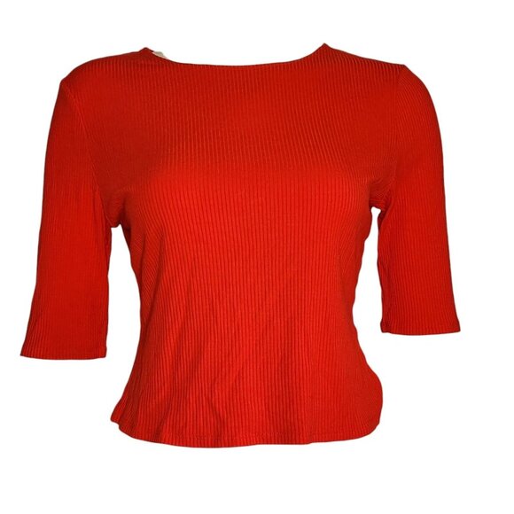POPSUGAR Solid All Red Ribbed Short Sleeve Crop Top Womens Size L Large - Picture 1 of 6